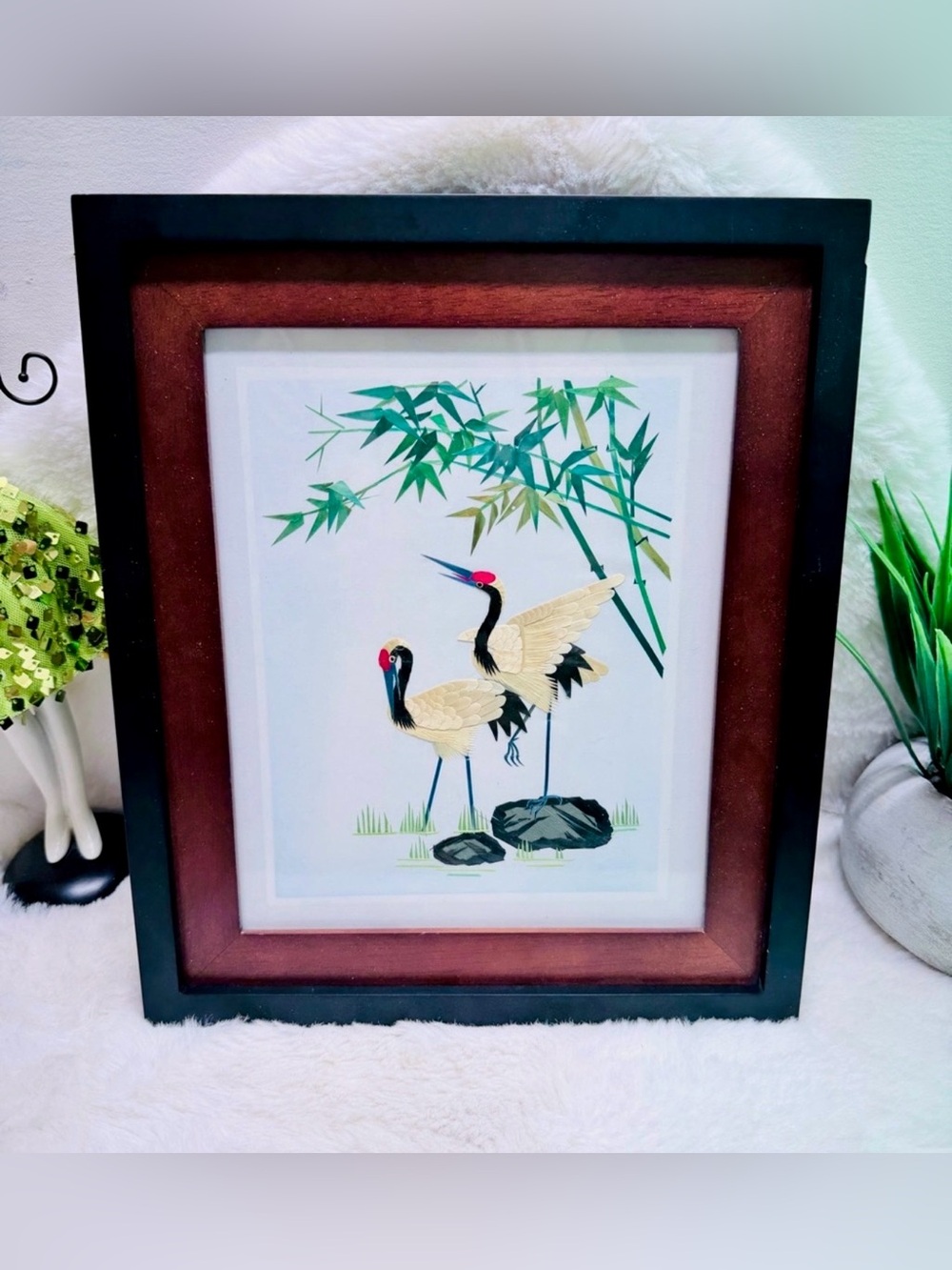Hand Painted Bamboo On Silk Framed Crane Art Work 🖼️